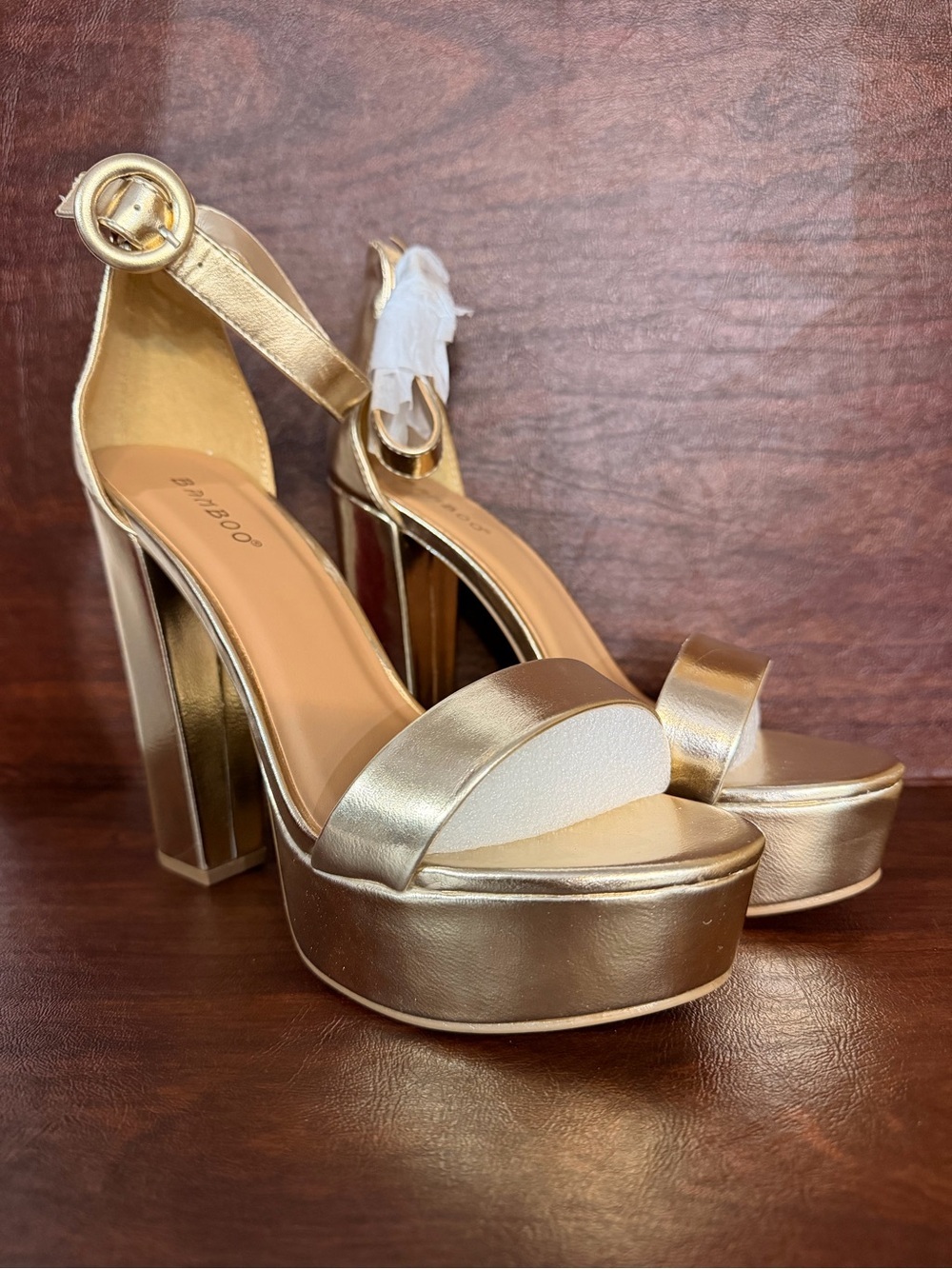 BAMBOO Metallic Gold Platform Block Heel Sandals 7.5